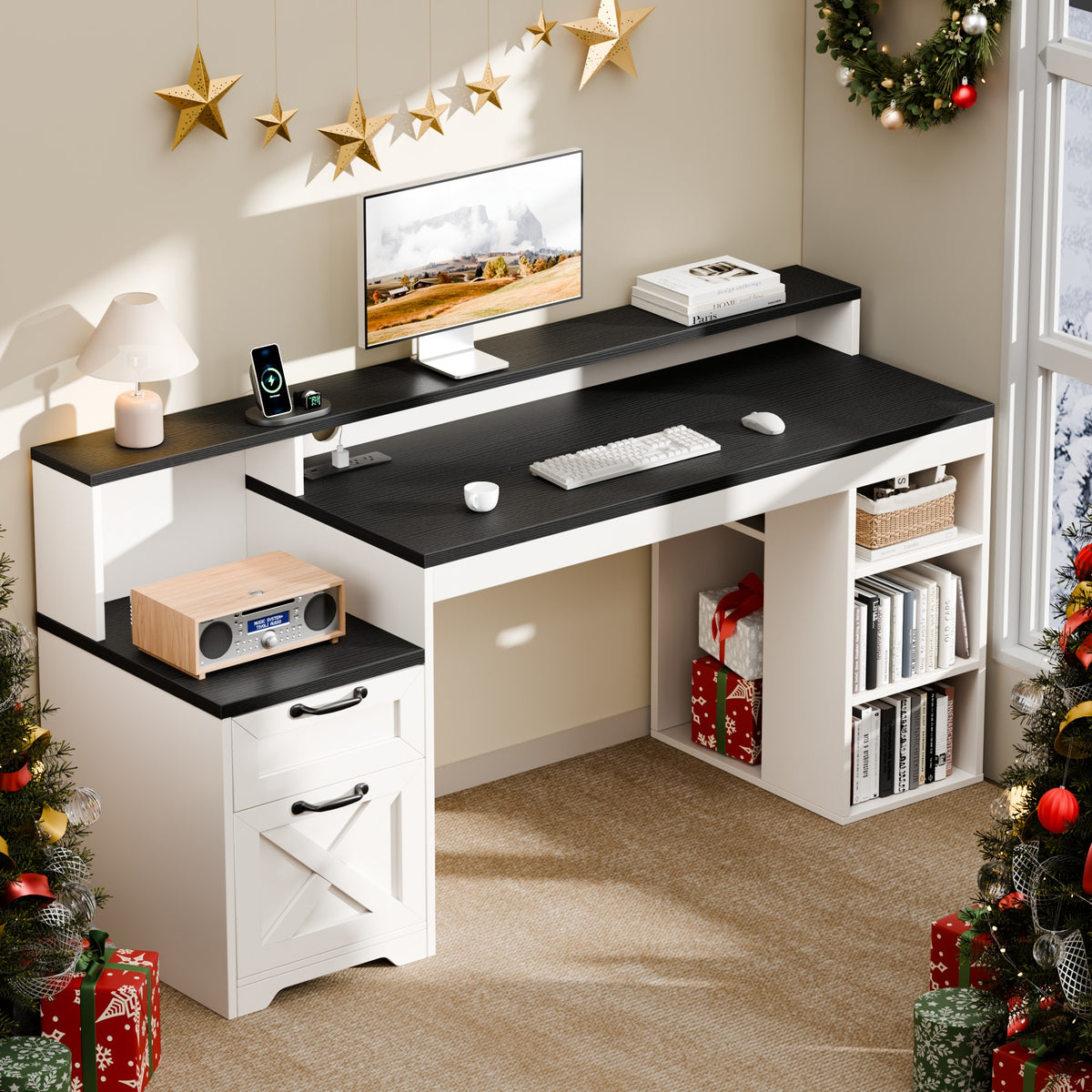 Korfile 63" Farmhouse Desk with Drawers and Storage Shelf for Home Office