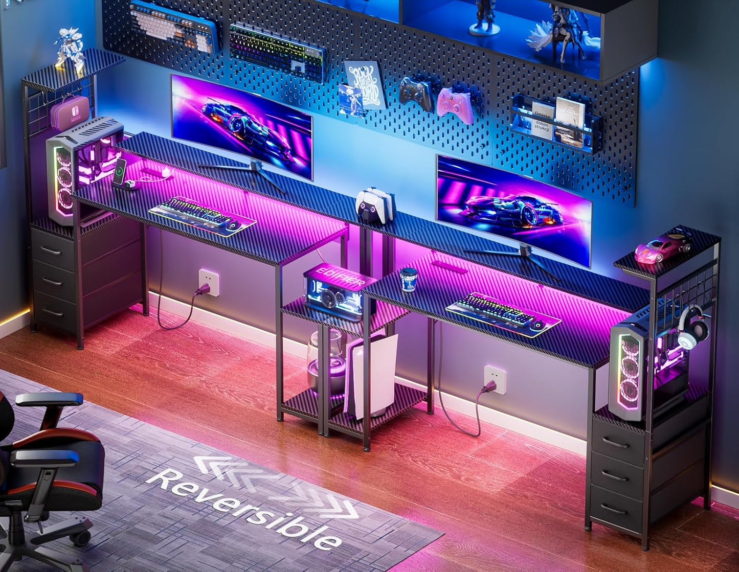 Gaming Desk with LED Lights & Power Outlets,Computer Desk with Fabric Drawers & Side Hook