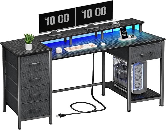 55" Gaming Desk - Power Outlets, LED Lights | Reversible, 5 Drawers for Office & Study