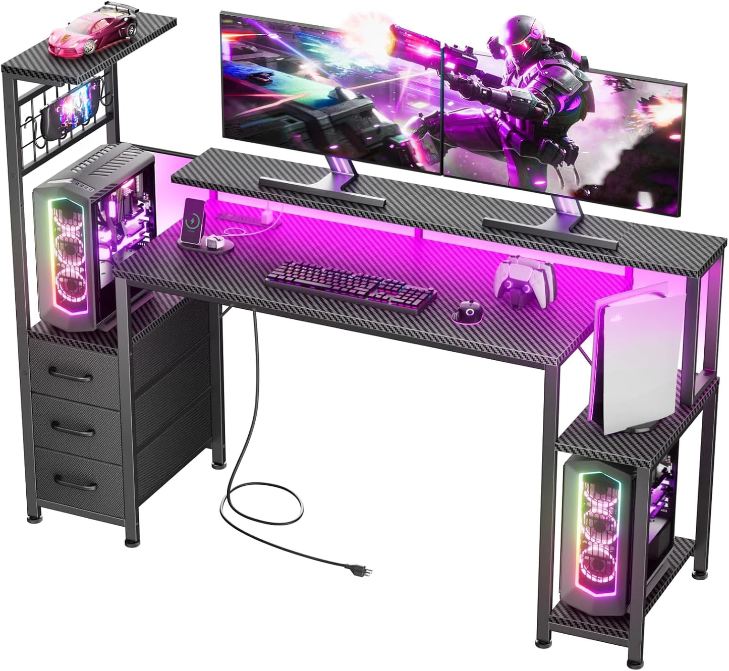 Gaming Desk with LED Lights & Power Outlets,Computer Desk with Fabric Drawers & Side Hook
