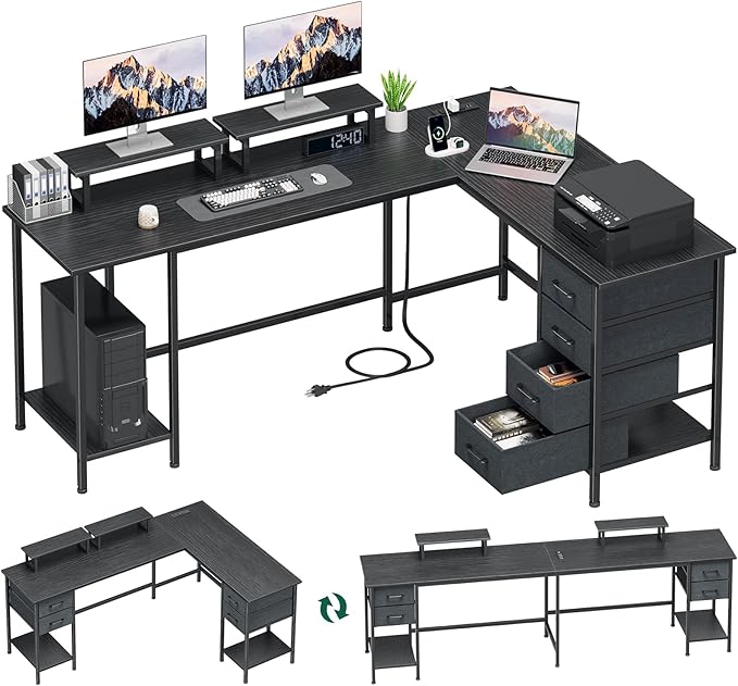 59" L-Shaped Gaming Desk - 4 Drawers, Power Outlets | Dual Monitor Office & Gaming Desk