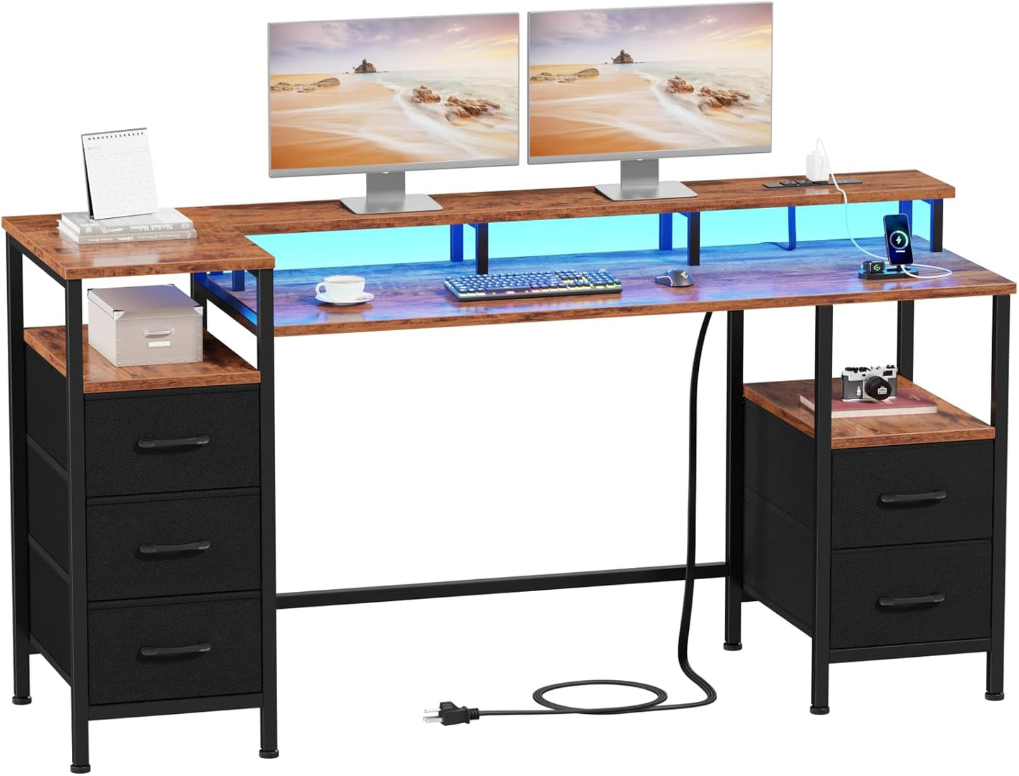 55" Gaming Desk Power Outlets & LED Lights - Reversible Office Desk with Fabric Drawers