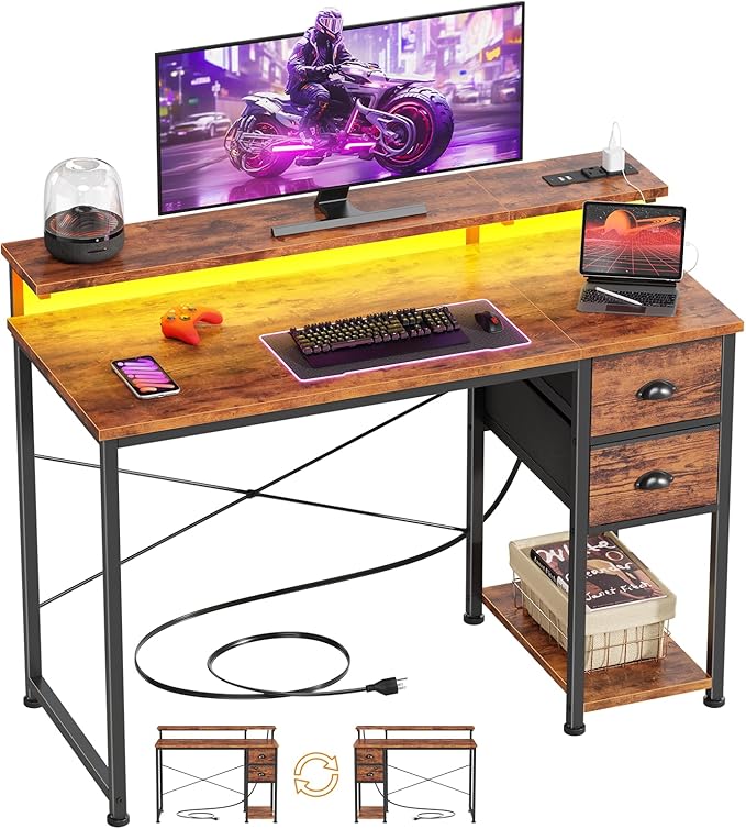 Gaming Desk with Power Outlets & LED Lights - 2 Drawers, Reversible, Full Monitor Stand