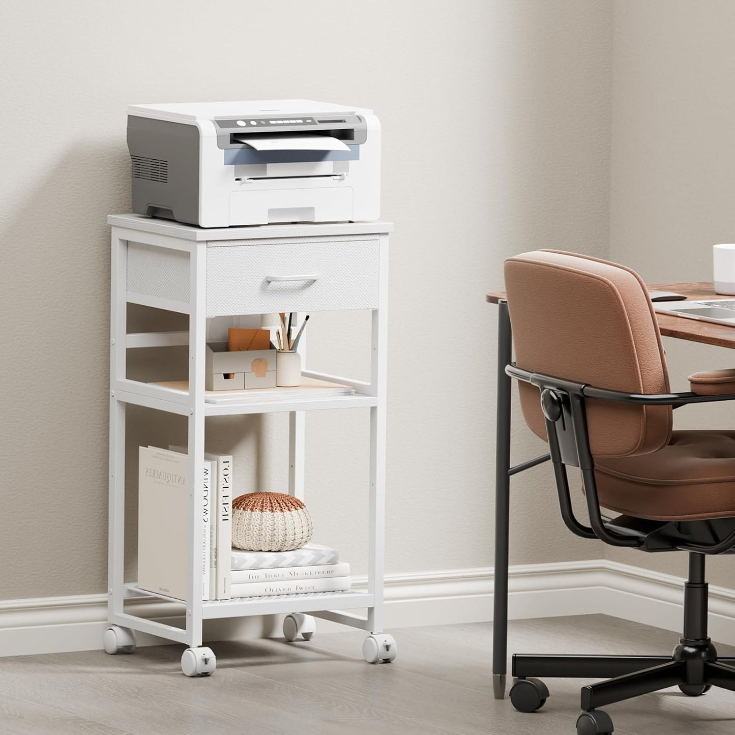 3-Tier Rolling Printer Stand with Storage & Wheels - Under Desk Mobile Cart for Home Office
