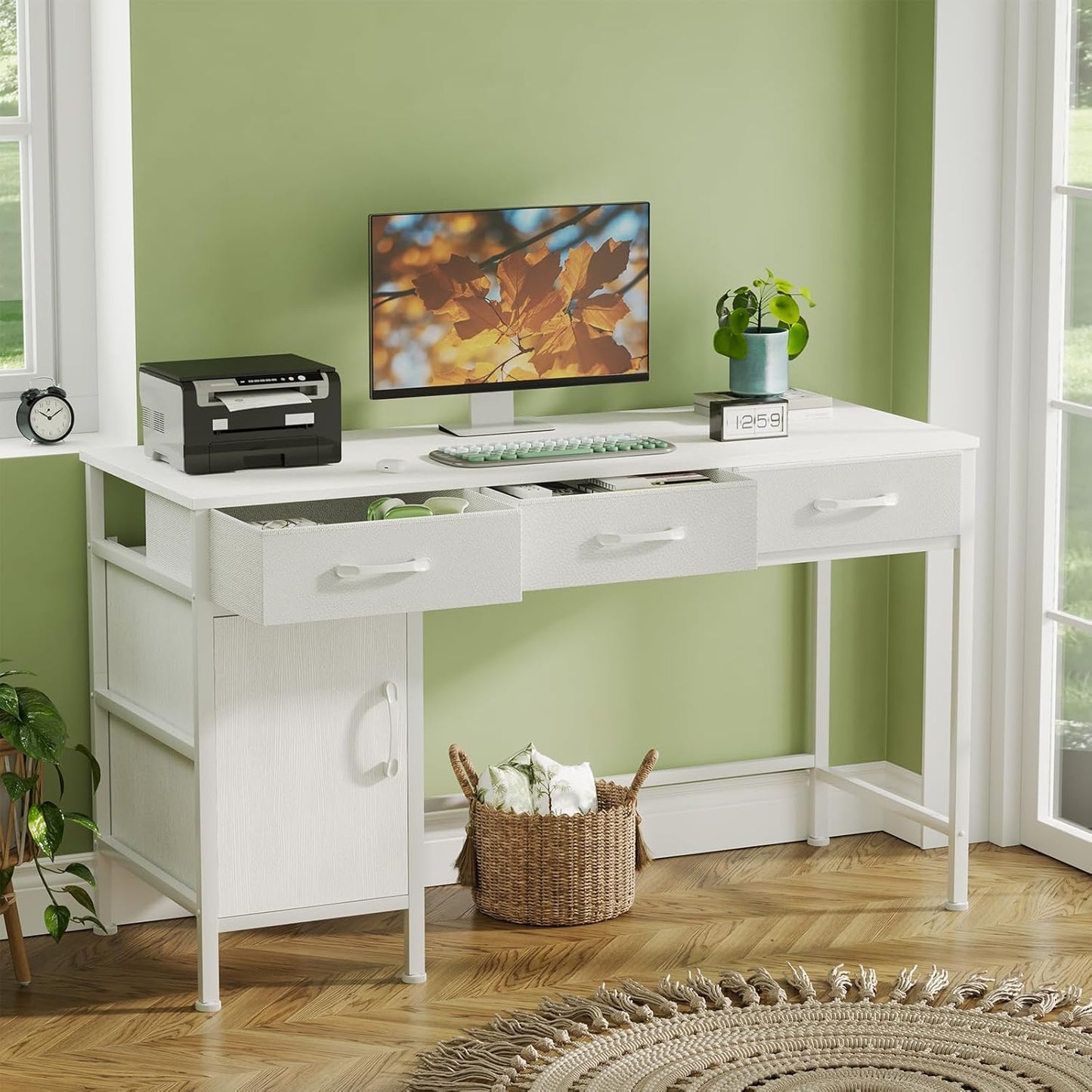 47" Home Office Desk Storage Cabinet & 3 Fabric Drawers - Study Computer Table for Bedroom