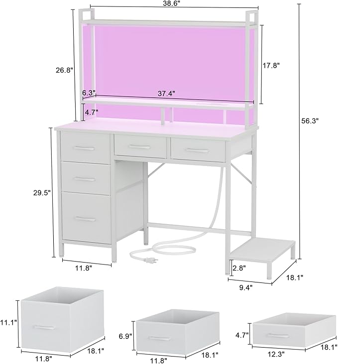 39" Modern Gaming Desk with Hutch - Power Outlets, LED Lights & 5 Drawers | 2-Tier Display Shelves for Home Office & Bedroom