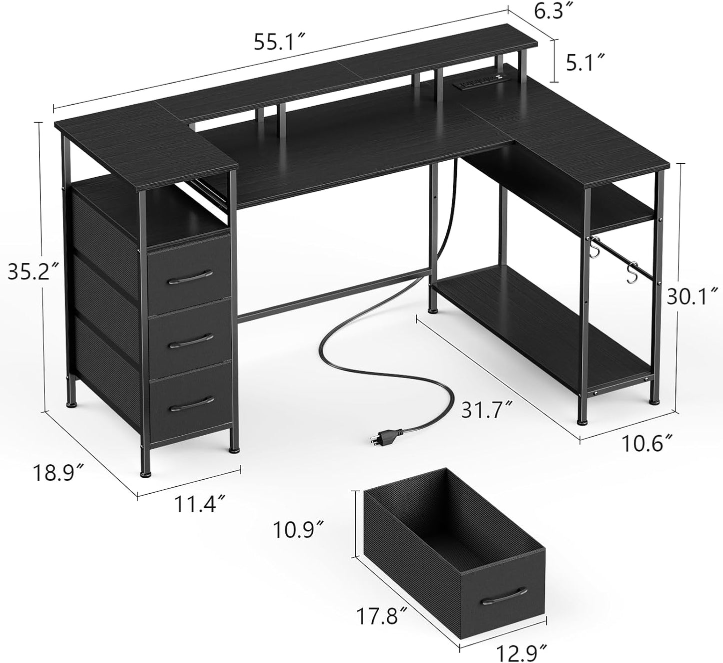 47-55 Inch L Shaped Computer Desk with Power Outlets and LED Lights, Reversible Gaming Desk with File Drawer & Monitor Stand