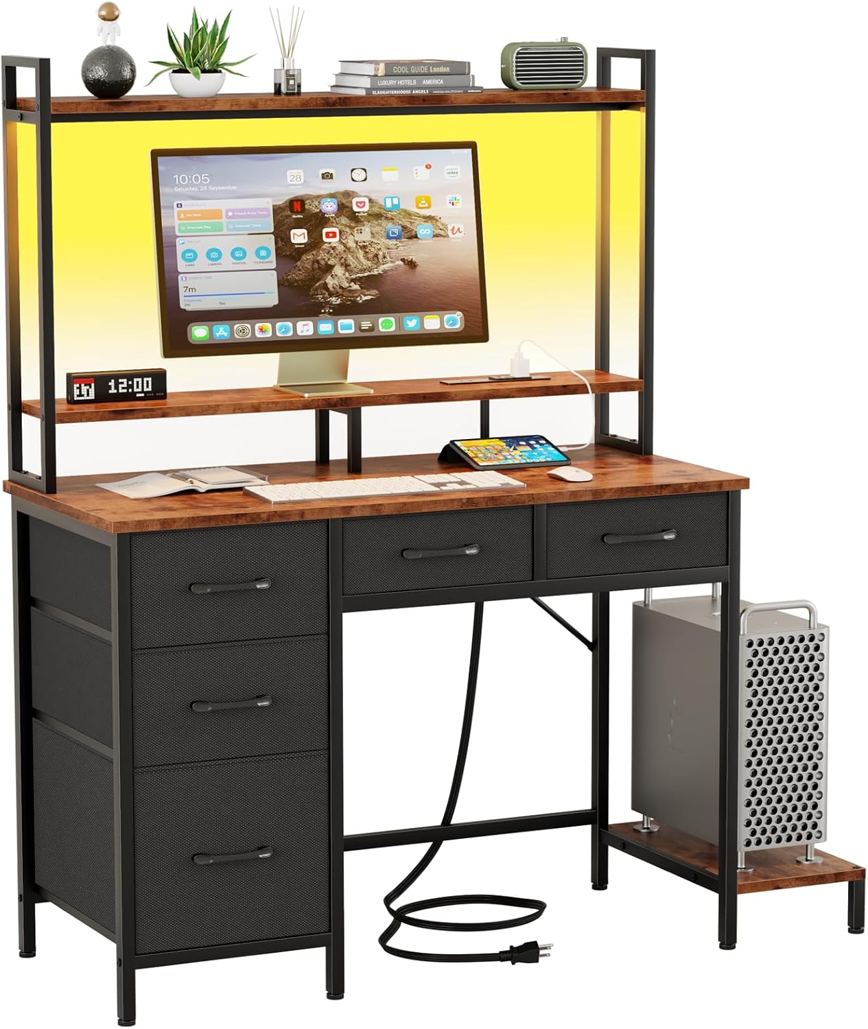 47" Modern Gaming Desk with Hutch - Power Outlets, LED Lights & 5 Drawers | 2-Tier Display Shelves for Home Office & Bedroom