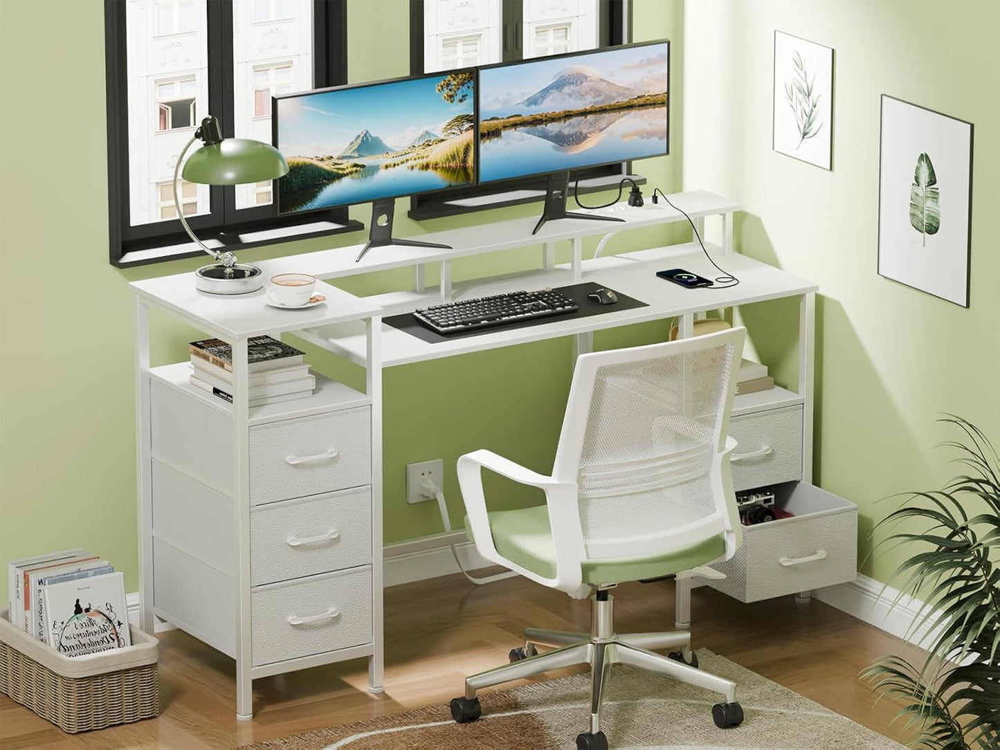 55" Gaming Desk - Power Outlets, LED Lights | Reversible, 5 Drawers for Office & Study