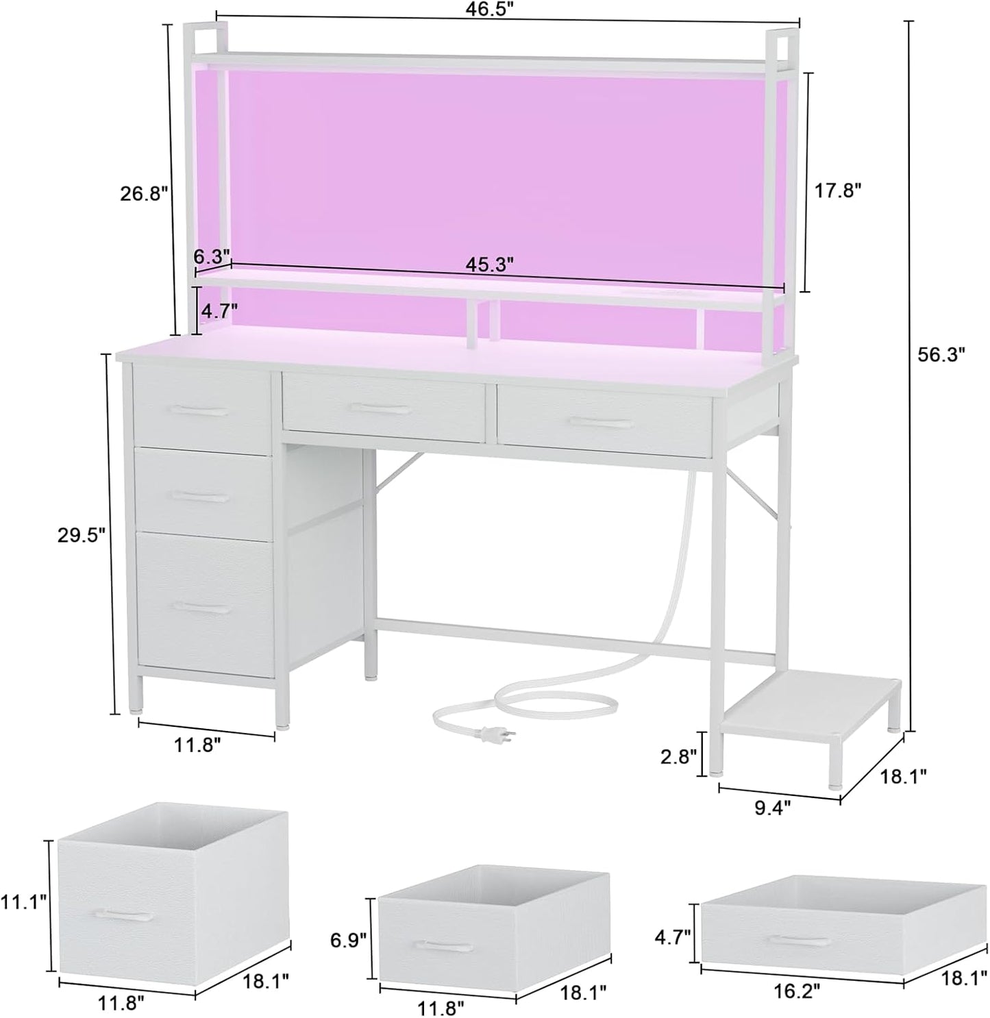 47" Modern Gaming Desk with Hutch - Power Outlets, LED Lights & 5 Drawers | 2-Tier Display Shelves for Home Office & Bedroom