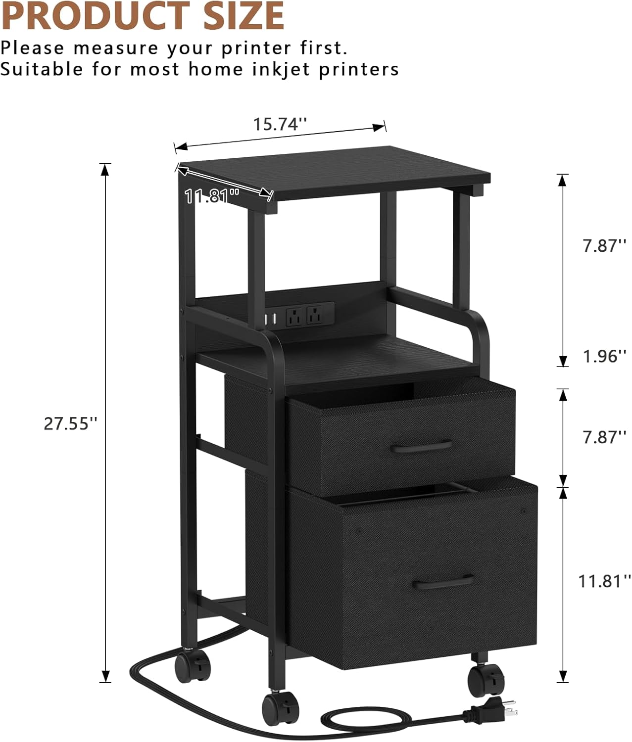 4-Tier Rolling Printer Stand with Power Outlets - Mobile Cart with 2 Drawers & Wheels for Office Use