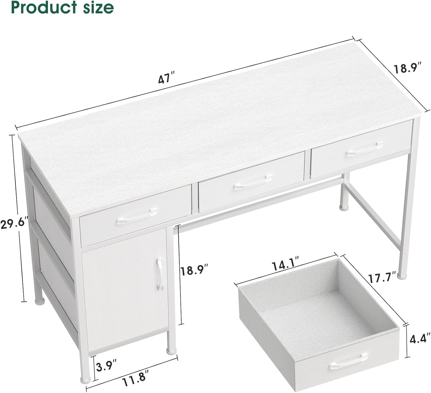 47" Home Office Desk Storage Cabinet & 3 Fabric Drawers - Study Computer Table for Bedroom