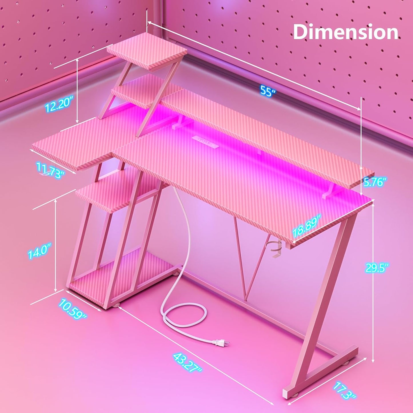 55 Inch Pink Gaming Desk with LED Lights & Power Outlet, Gaming Computer Desk with Storage Shelves, L Shaped Gamer Workstations with Monitor Stand for Bedroom