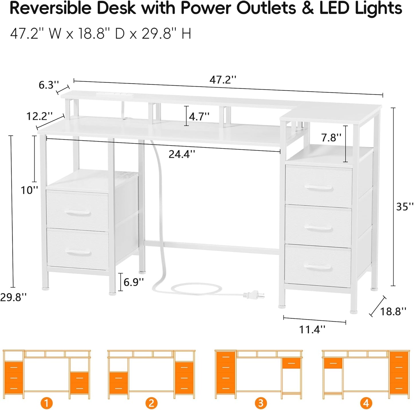 47" Gaming Desk with Power Outlets & RGB Lights - 5 Reversible Fabric Drawers for Office & Gaming