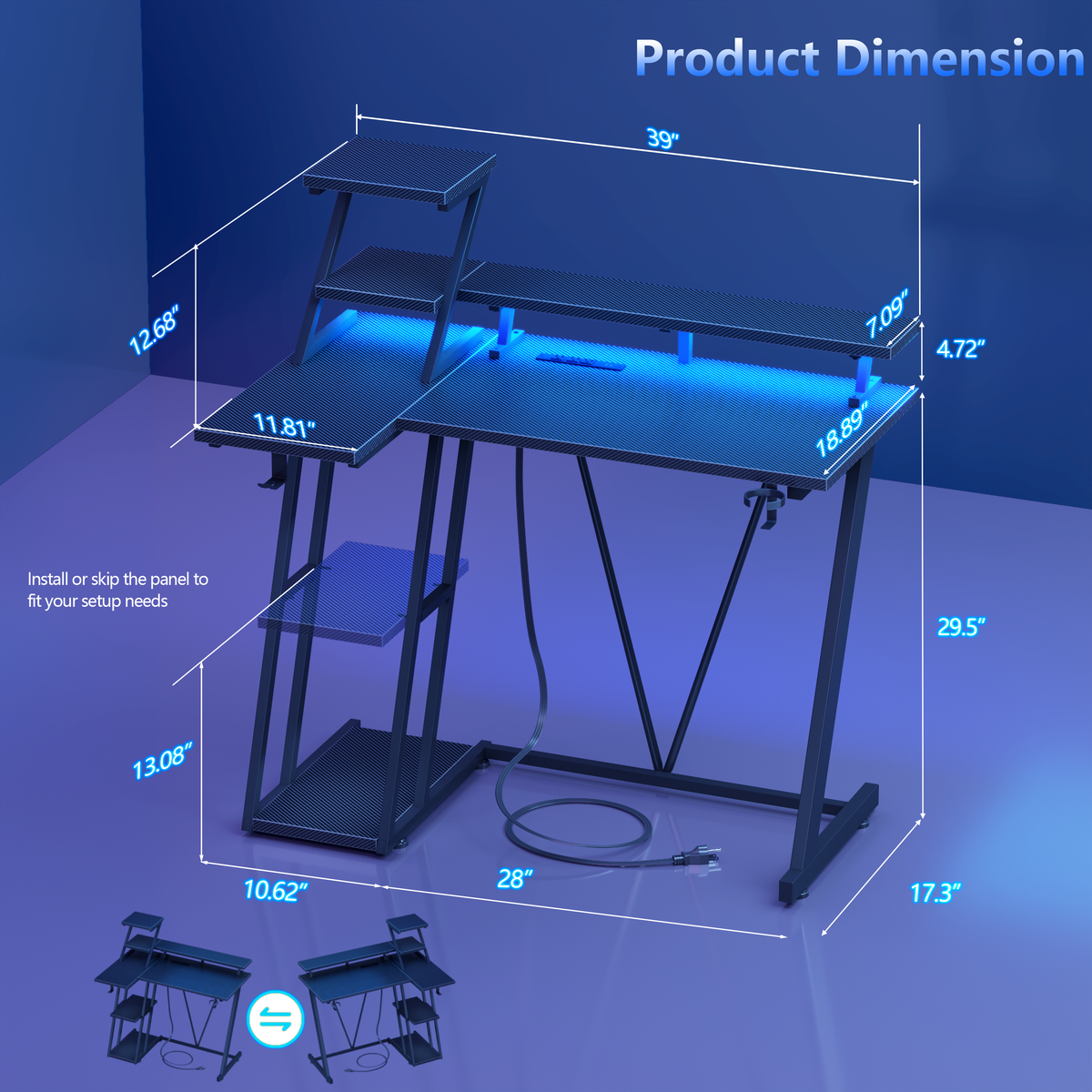 Korfile 40'' Gaming Desk with Power Outlet & LED, Carbon Fiber Black | Computer Gaming Table, Corner Desk, L Shaped, Reversible, Storage Shelves, Monitor Stand, for gaming, work