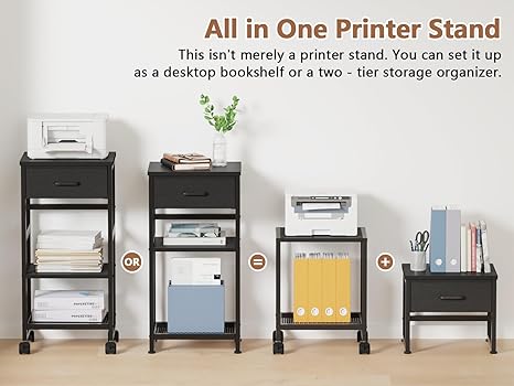 3-Tier Rolling Printer Stand with Storage & Wheels - Under Desk Mobile Cart for Home Office