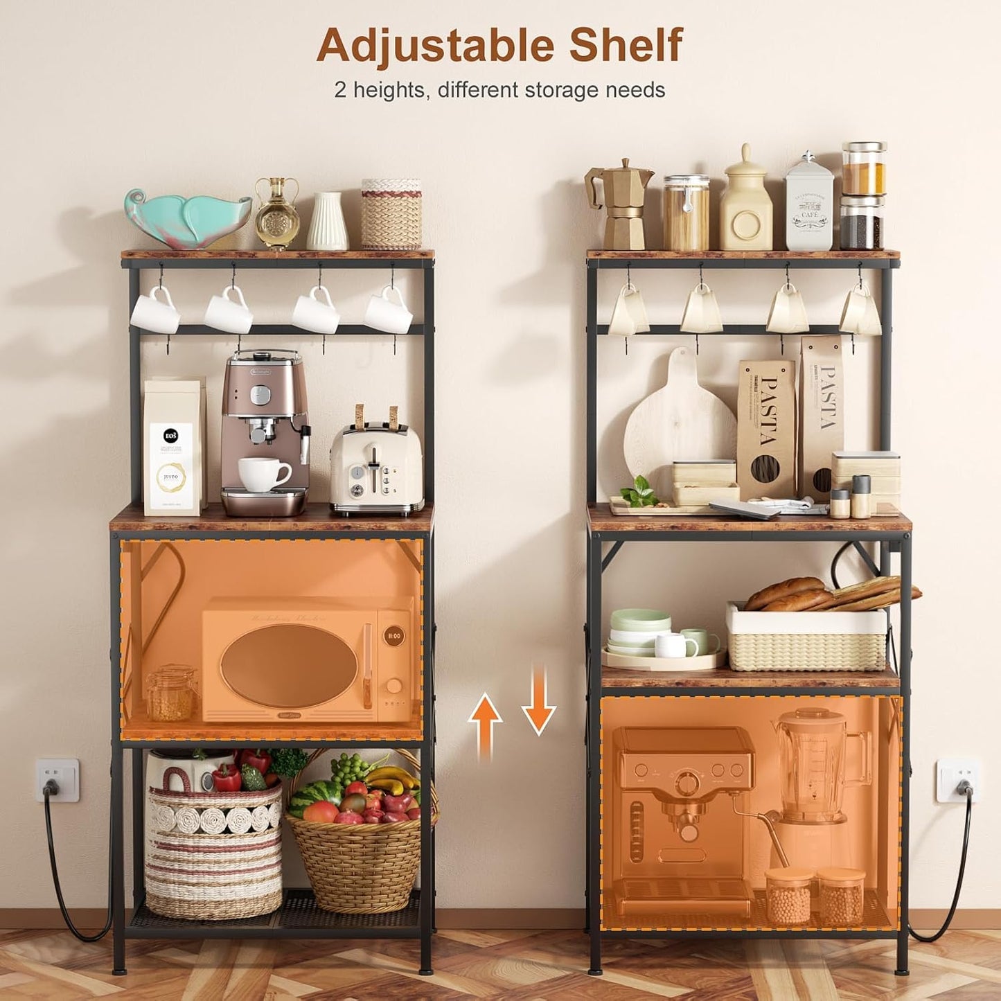 4-Tier Kitchen Rack with Power Outlet - Microwave Stand, 8 Hooks for Spices & Coffee Station