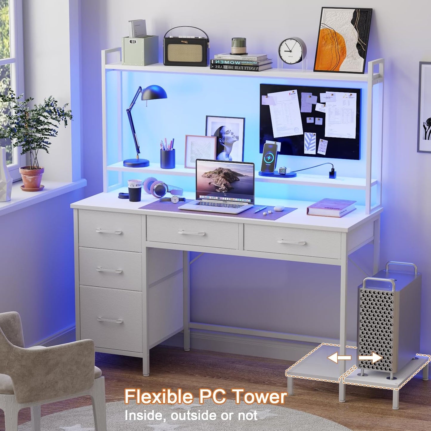 47" Modern Gaming Desk with Hutch - Power Outlets, LED Lights & 5 Drawers | 2-Tier Display Shelves for Home Office & Bedroom