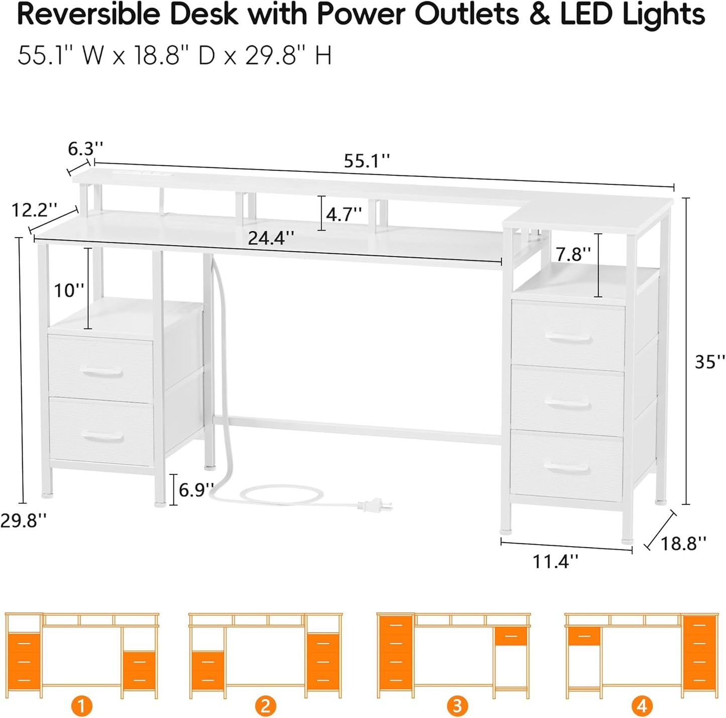 55" Gaming Desk - Power Outlets, LED Lights | Reversible, 5 Drawers for Office & Study