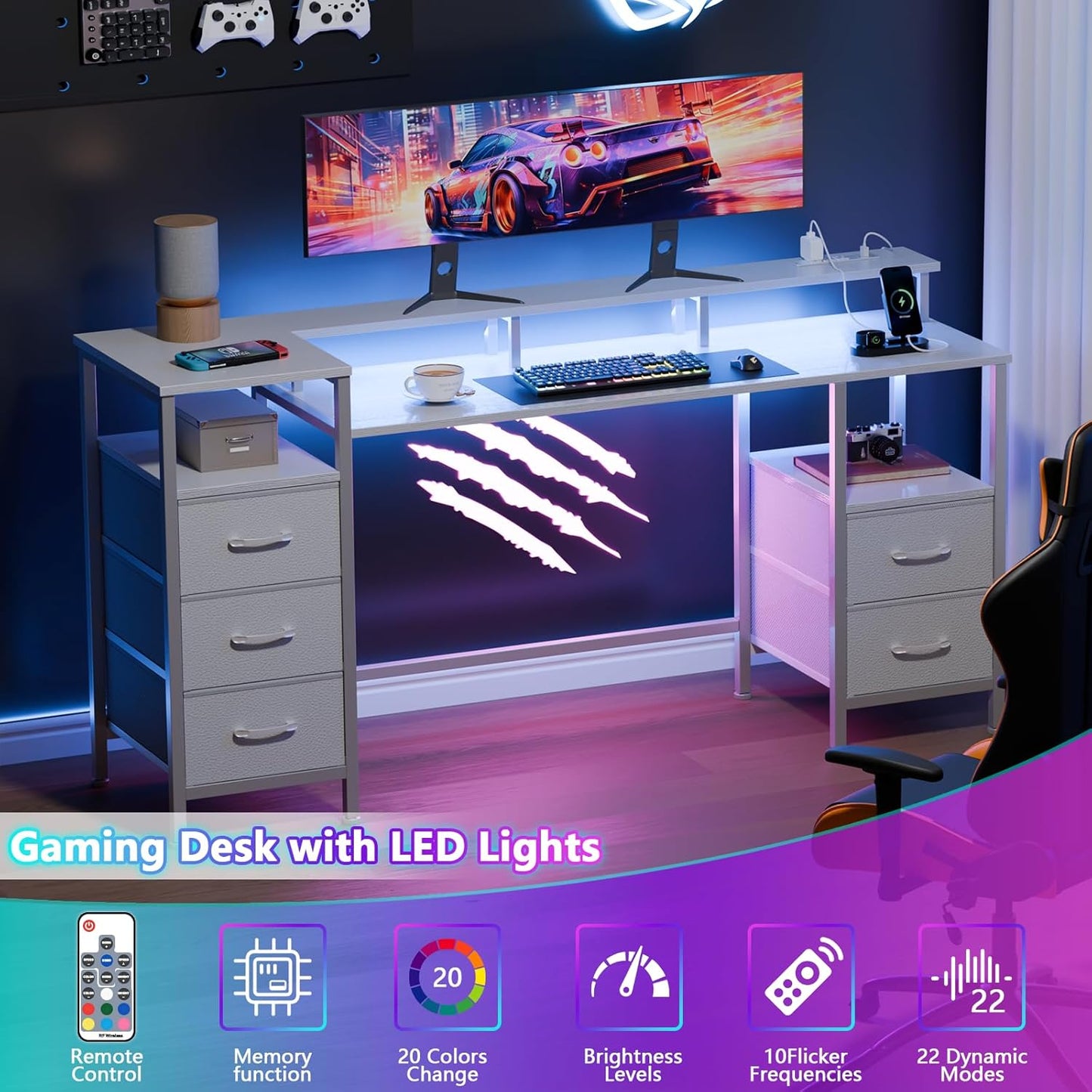 55" Gaming Desk Power Outlets & LED Lights - Reversible Office Desk with Fabric Drawers