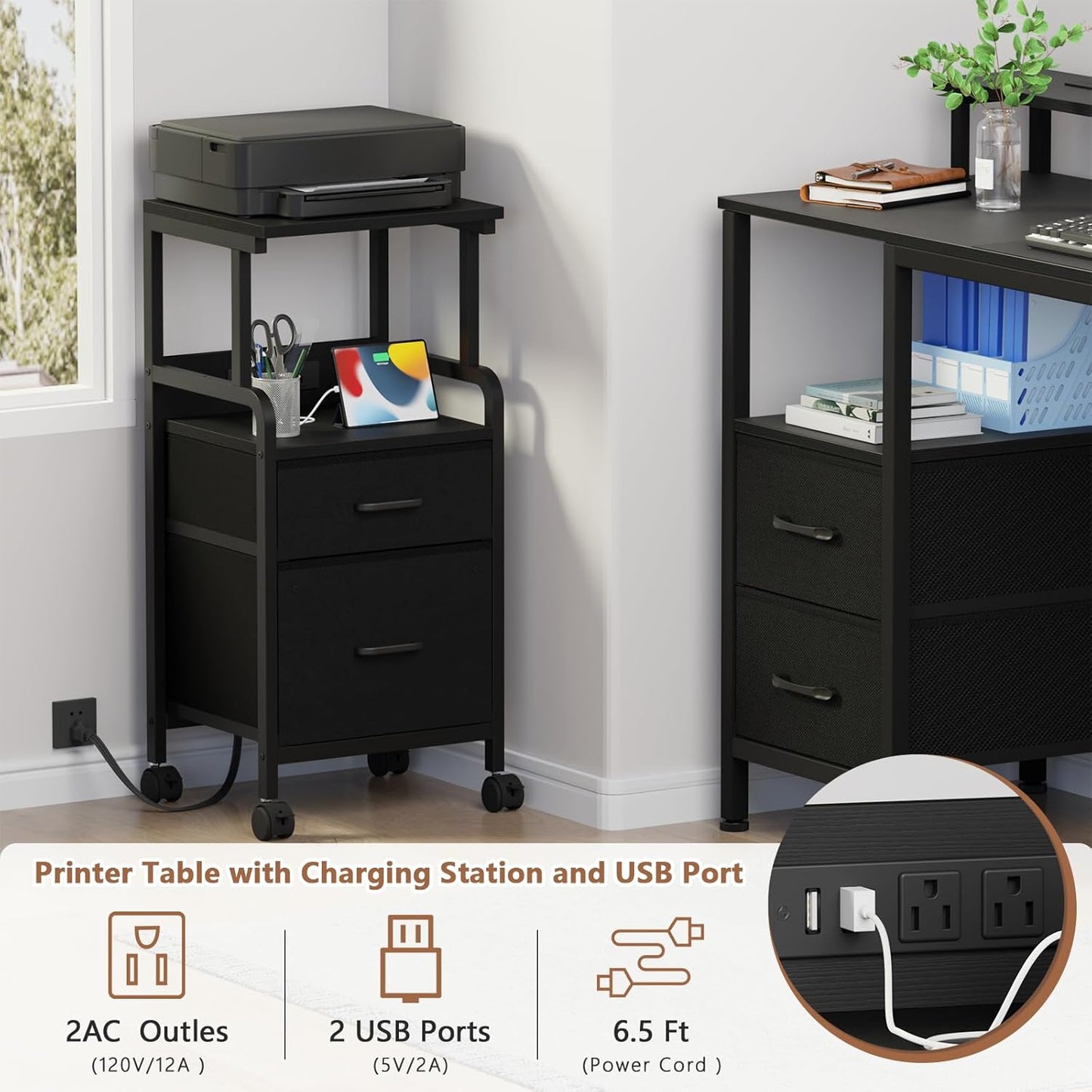 4-Tier Rolling Printer Stand with Power Outlets - Mobile Cart with 2 Drawers & Wheels for Office Use
