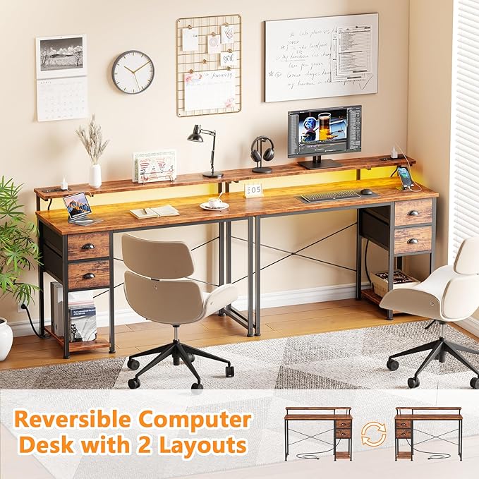 Gaming Desk with Power Outlets & LED Lights - 2 Drawers, Reversible, Full Monitor Stand