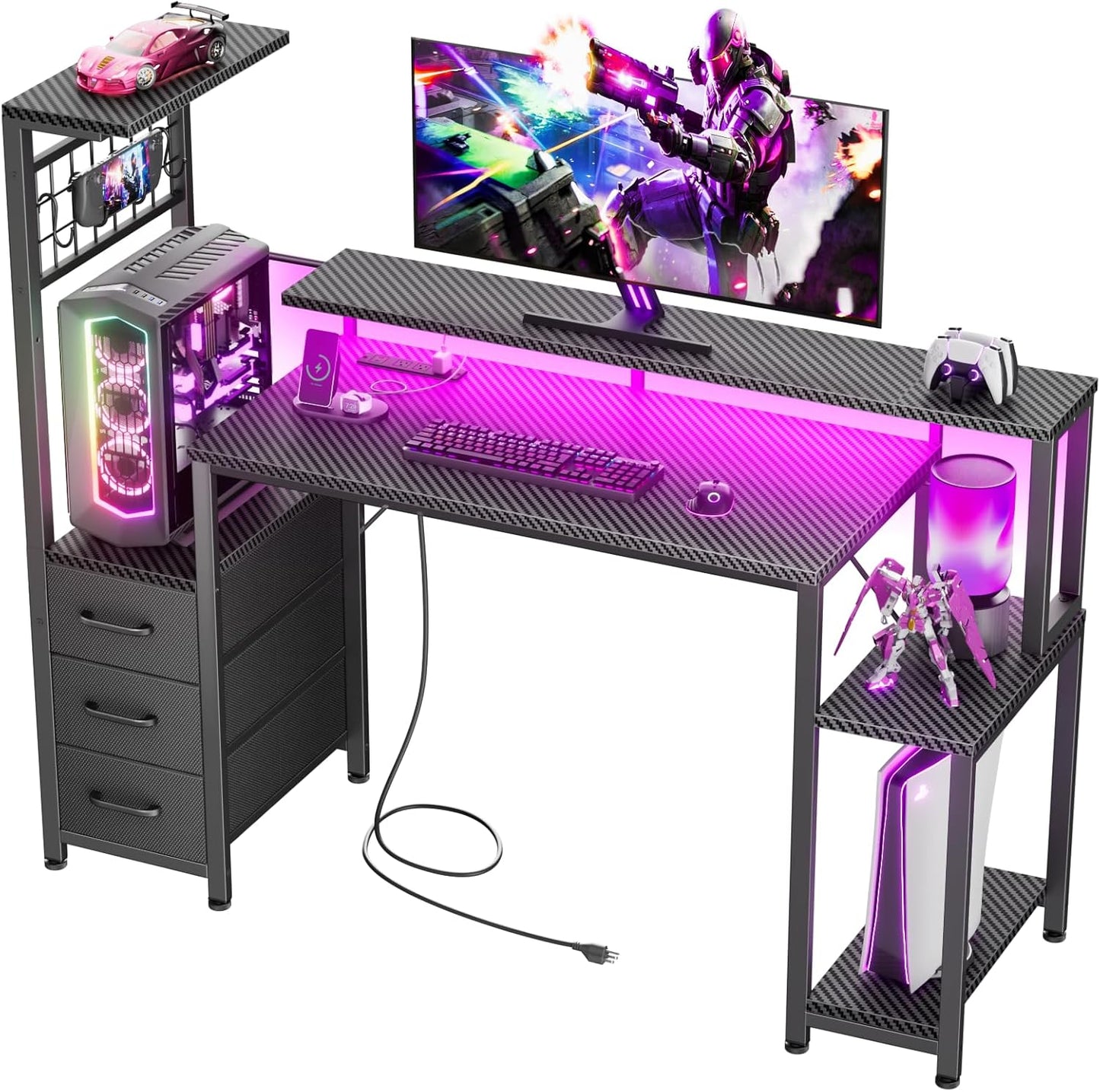 Gaming Desk with LED Lights & Power Outlets,Computer Desk with Fabric Drawers & Side Hook