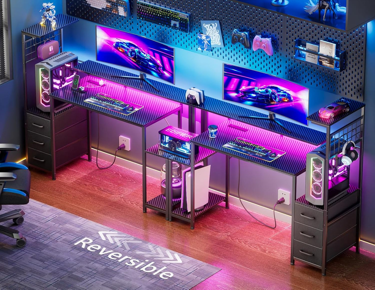 Gaming Desk with LED Lights & Power Outlets,Computer Desk with Fabric Drawers & Side Hook