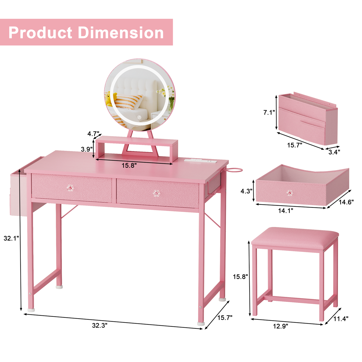Vanity Desk with Mirror and Light, Makeup Table Set with Chair for Girls Teen, Make Up Dresser with 2 Drawers and Power Outlet, 32 Inch Dressing Table with Cushion Stool for Bedroom, Pink