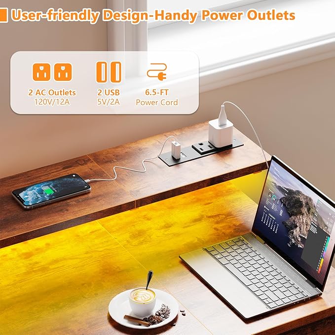 Gaming Desk with Power Outlets & LED Lights - 2 Drawers, Reversible, Full Monitor Stand