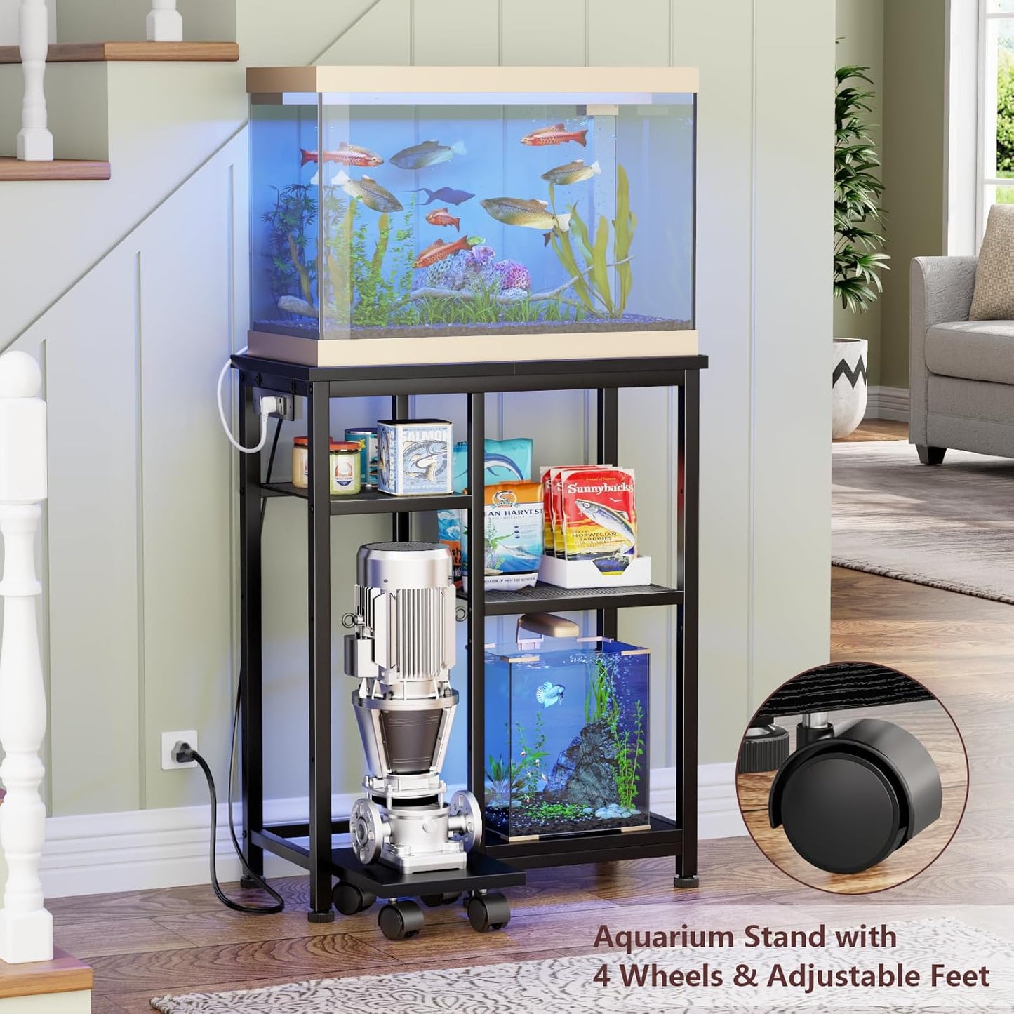 3-Tier Aquarium Stand with Power Outlet - 200LBS Rolling, 10-20 Gal, Terrarium/Reptile