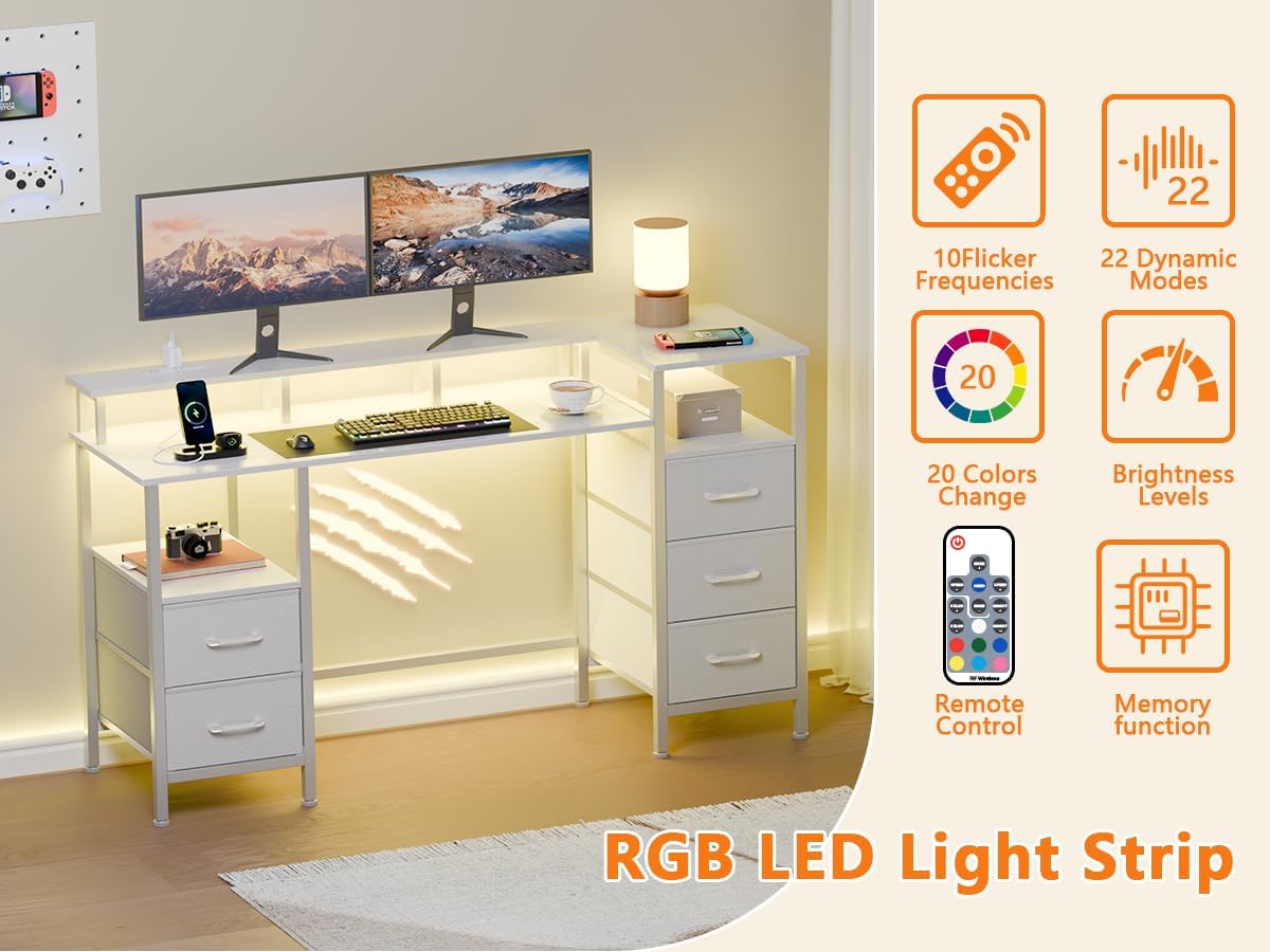 55" Gaming Desk - Power Outlets, LED Lights | Reversible, 5 Drawers for Office & Study