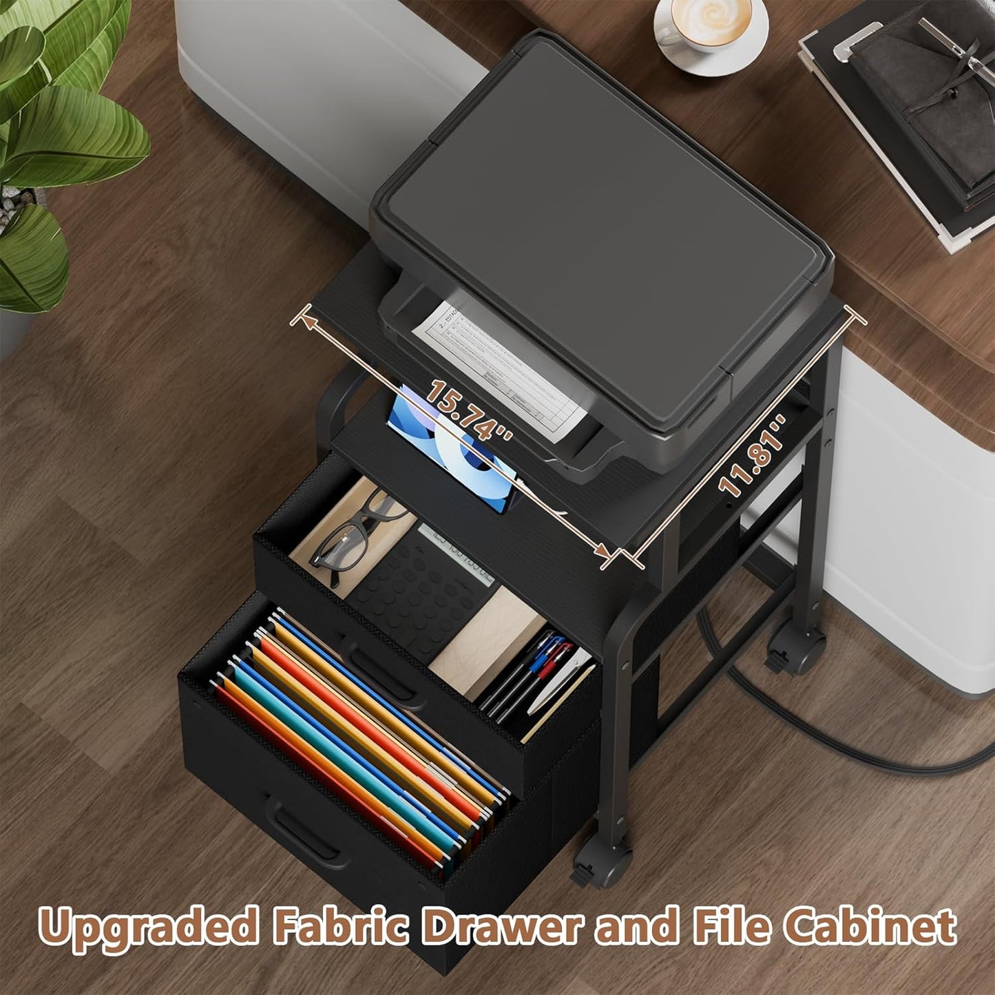 4-Tier Rolling Printer Stand with Power Outlets - Mobile Cart with 2 Drawers & Wheels for Office Use