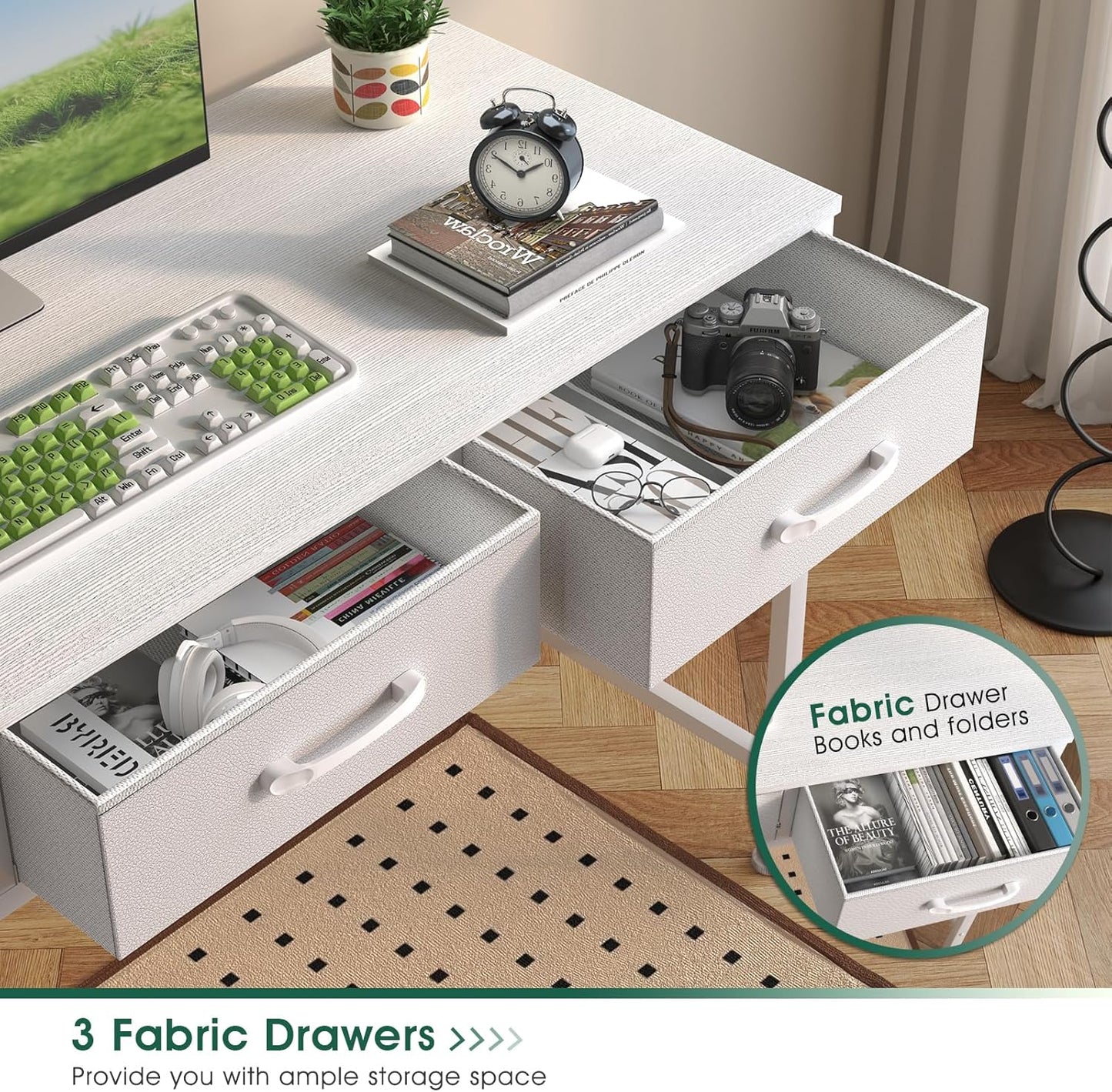 47" Home Office Desk Storage Cabinet & 3 Fabric Drawers - Study Computer Table for Bedroom
