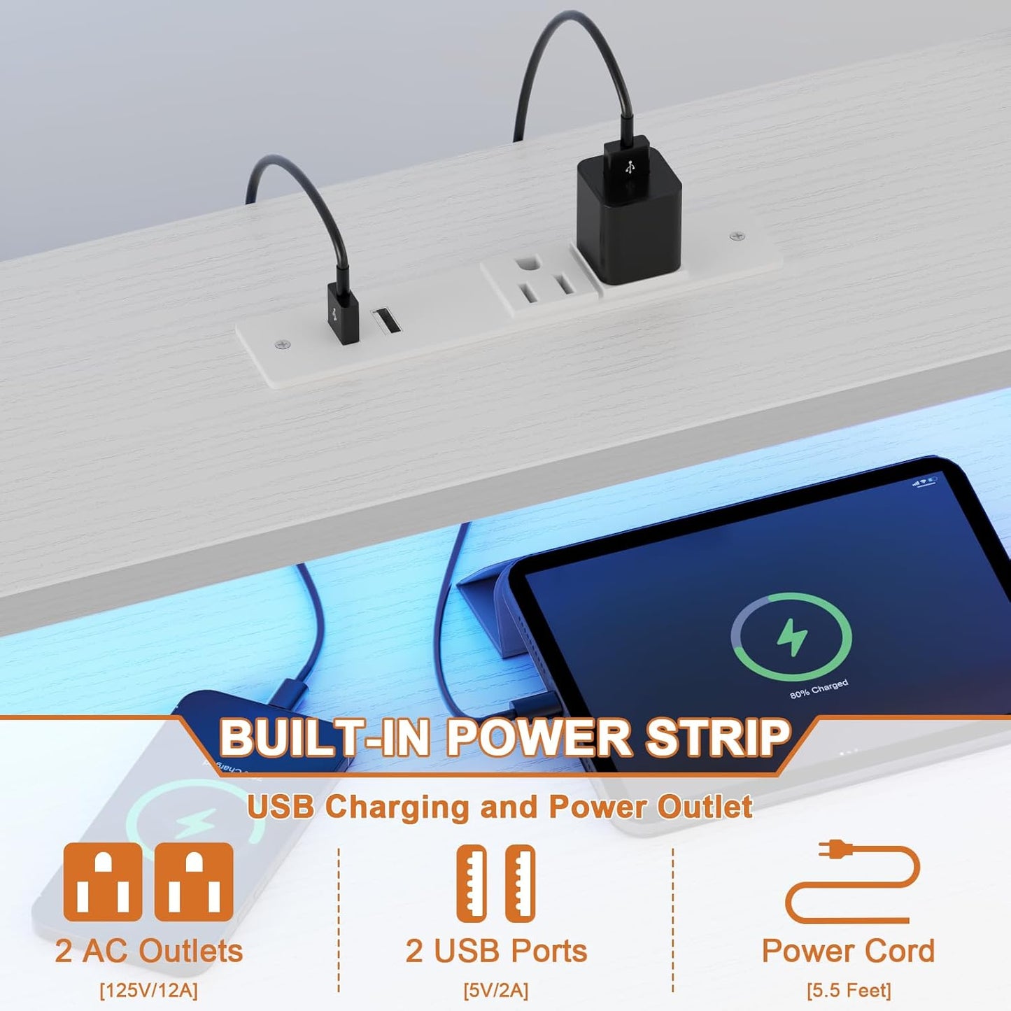 47" Modern Gaming Desk with Hutch - Power Outlets, LED Lights & 5 Drawers | 2-Tier Display Shelves for Home Office & Bedroom