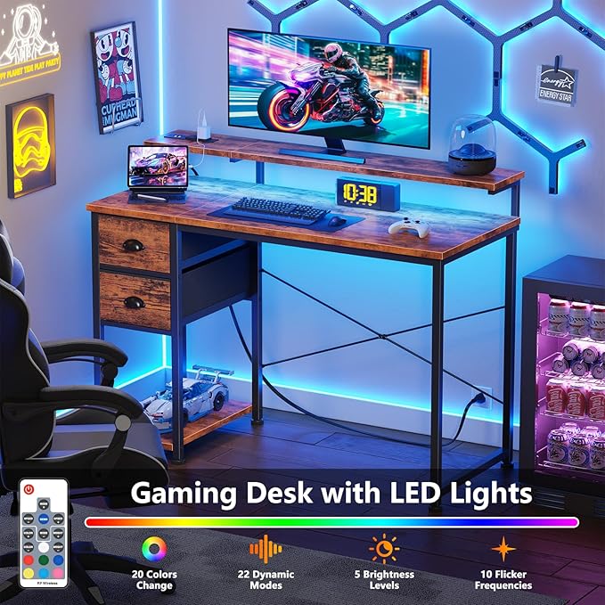 Gaming Desk with Power Outlets & LED Lights - 2 Drawers, Reversible, Full Monitor Stand