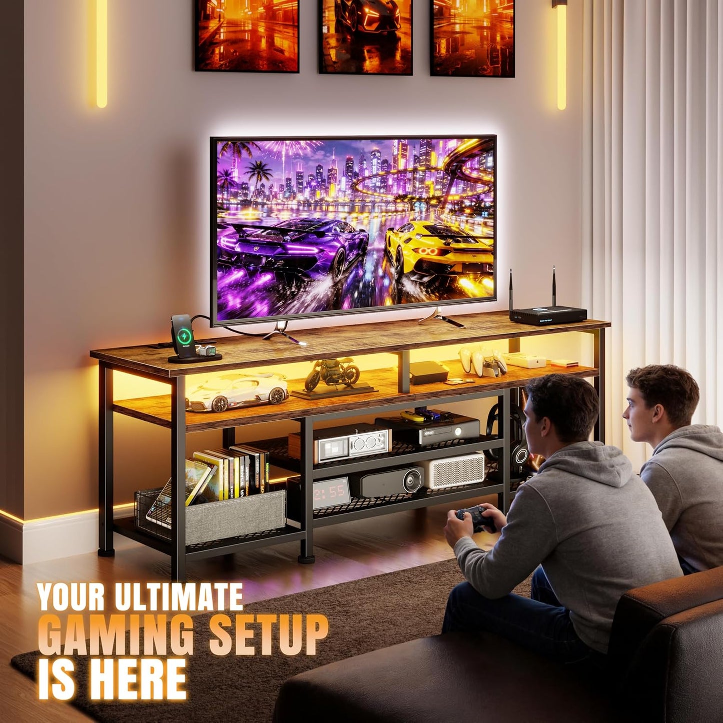 Korfile TV Stand for 60/65/70 inch TV,63 InEntertainment Center with LED Lights and LED Lights, TV Console Table with Open Shelves for Living Room and Bedroom, Rustic Brown