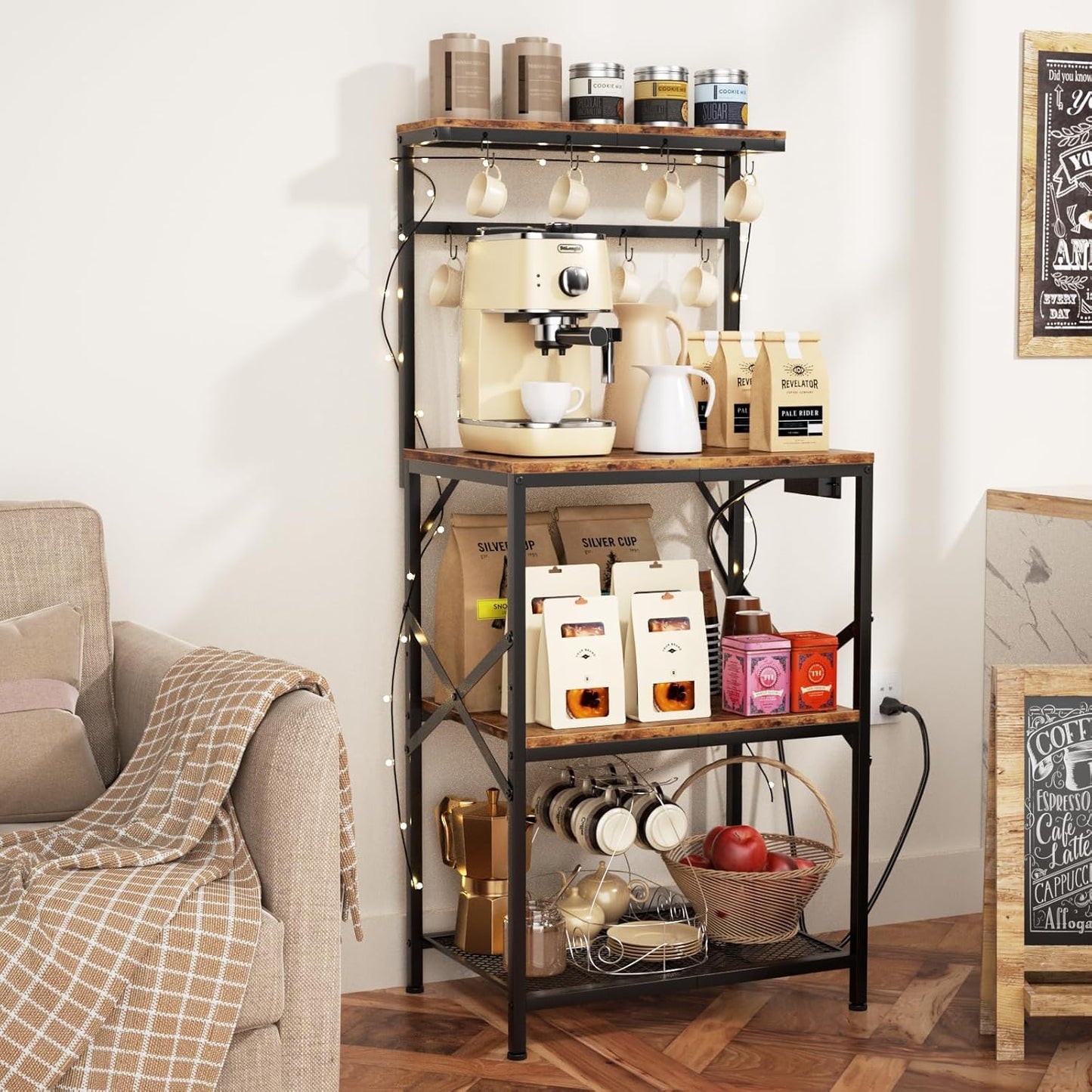 4-Tier Kitchen Rack with Power Outlet - Microwave Stand, 8 Hooks for Spices & Coffee Station