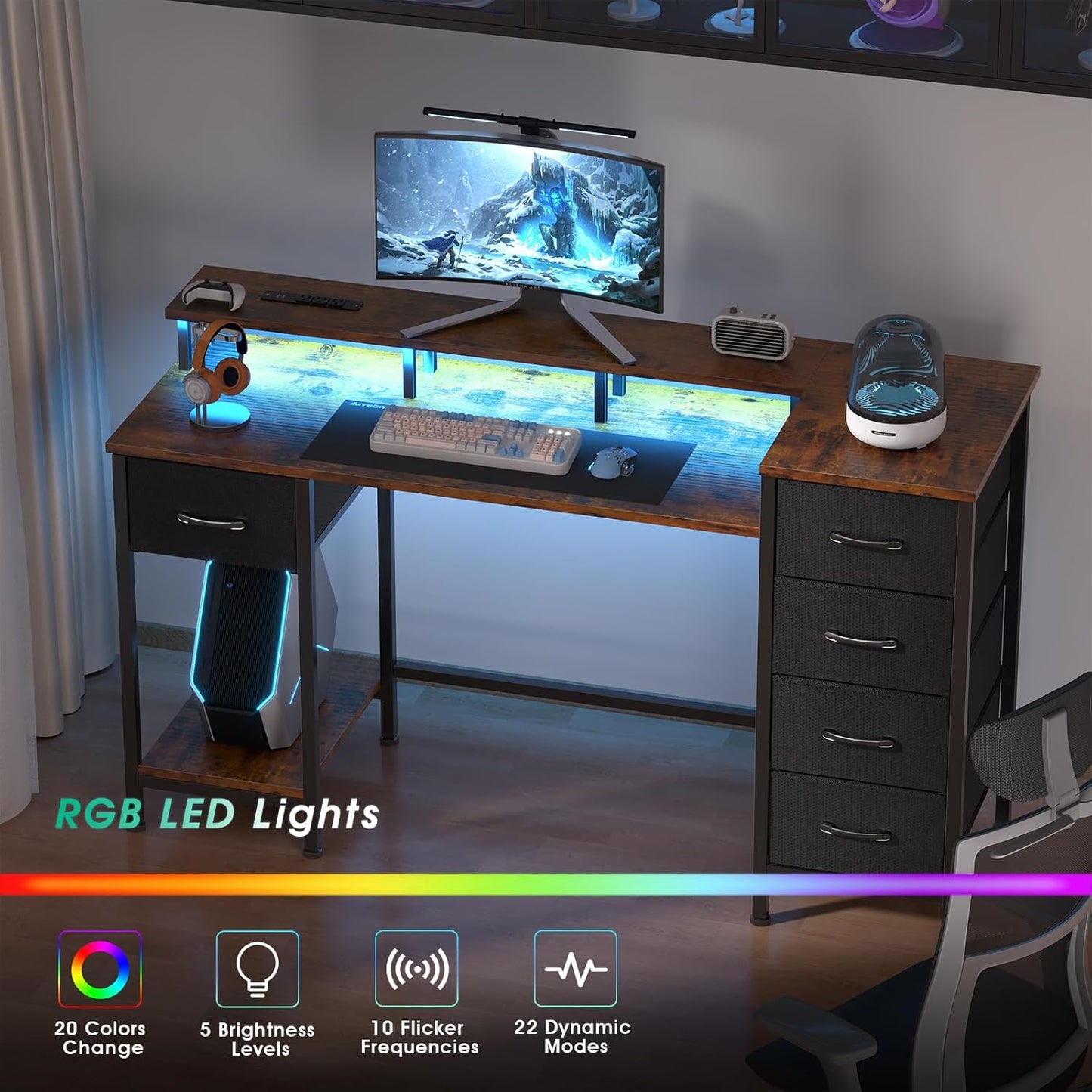 Korfile 55 Inch Gaming Desk with Power Outlets and LED Lights, Reversible Computer Desk with 5 Fabric Storage Drawers, Home Office Desk with Monitor Stand for Working Writing Study, Rustic Brown