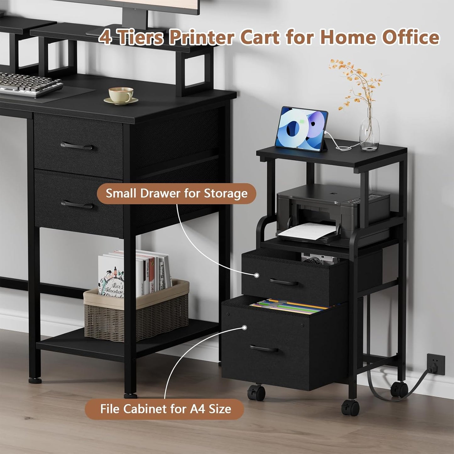 4-Tier Rolling Printer Stand with Power Outlets - Mobile Cart with 2 Drawers & Wheels for Office Use