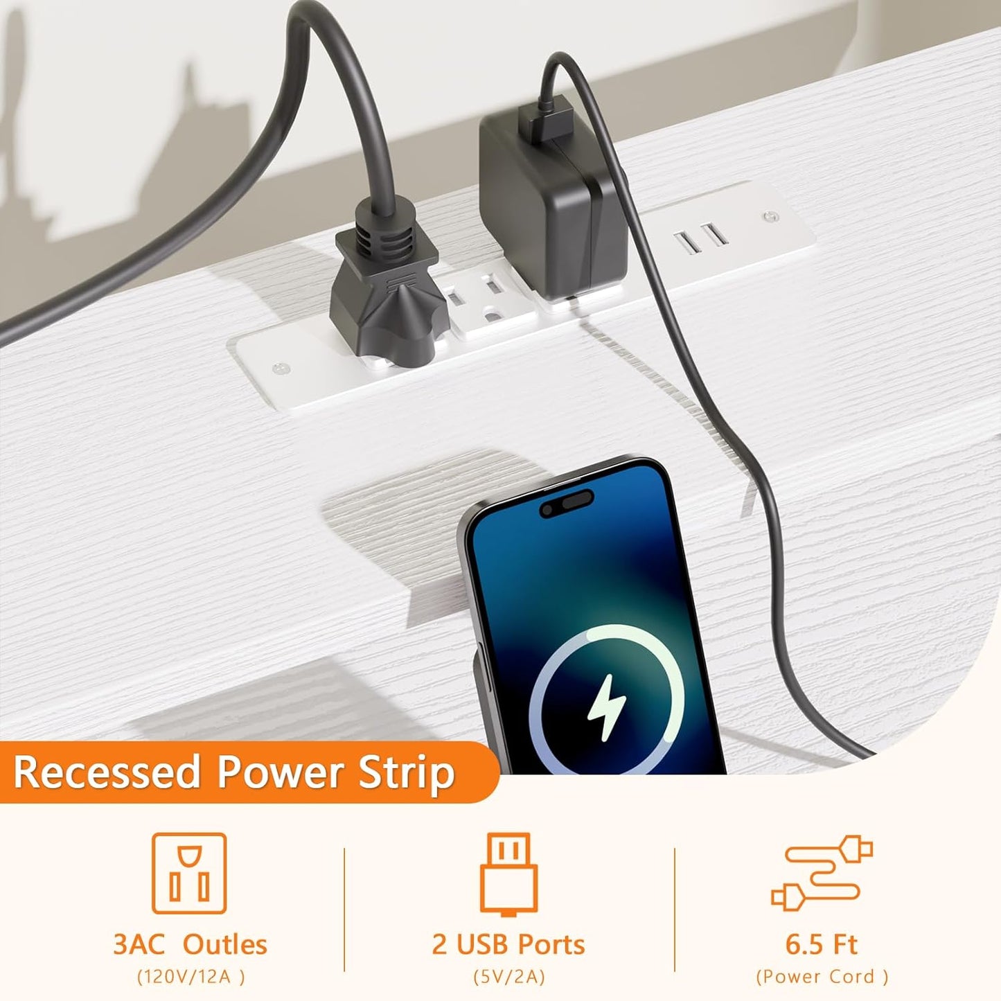 55" Gaming Desk Power Outlets & LED Lights - Reversible Office Desk with Fabric Drawers