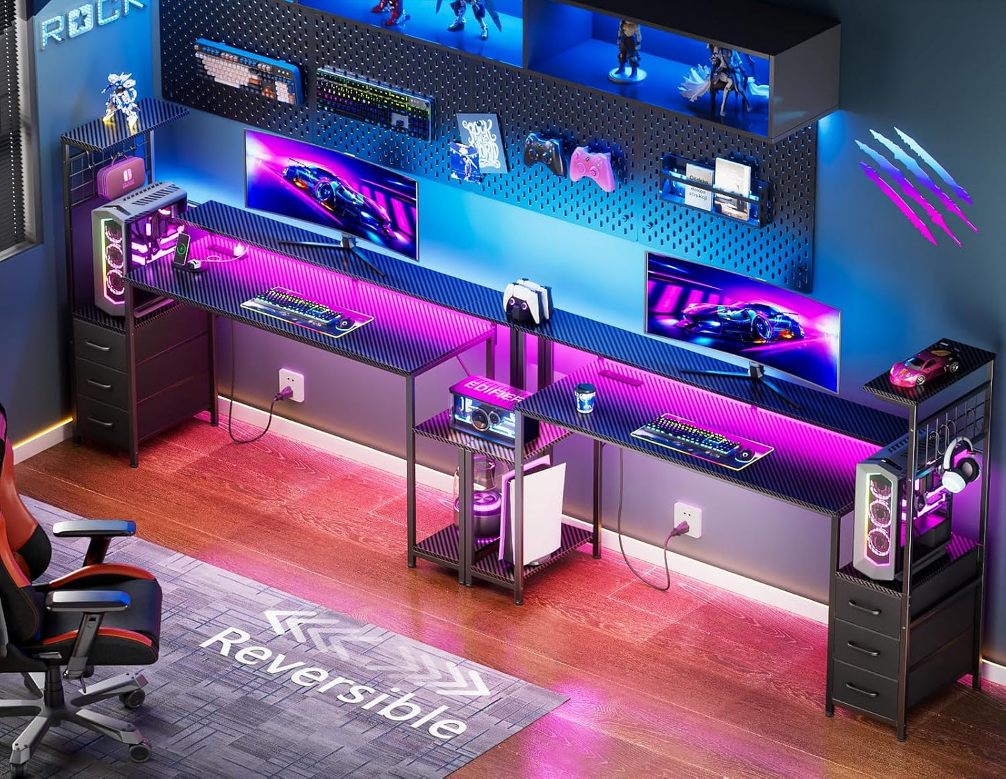 Gaming Desk with LED Lights & Power Outlets,Computer Desk with Fabric Drawers & Side Hook