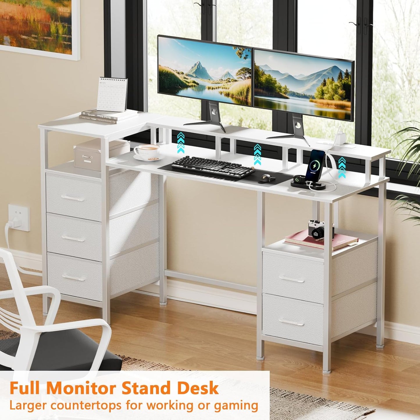 55" Gaming Desk - Power Outlets, LED Lights | Reversible, 5 Drawers for Office & Study
