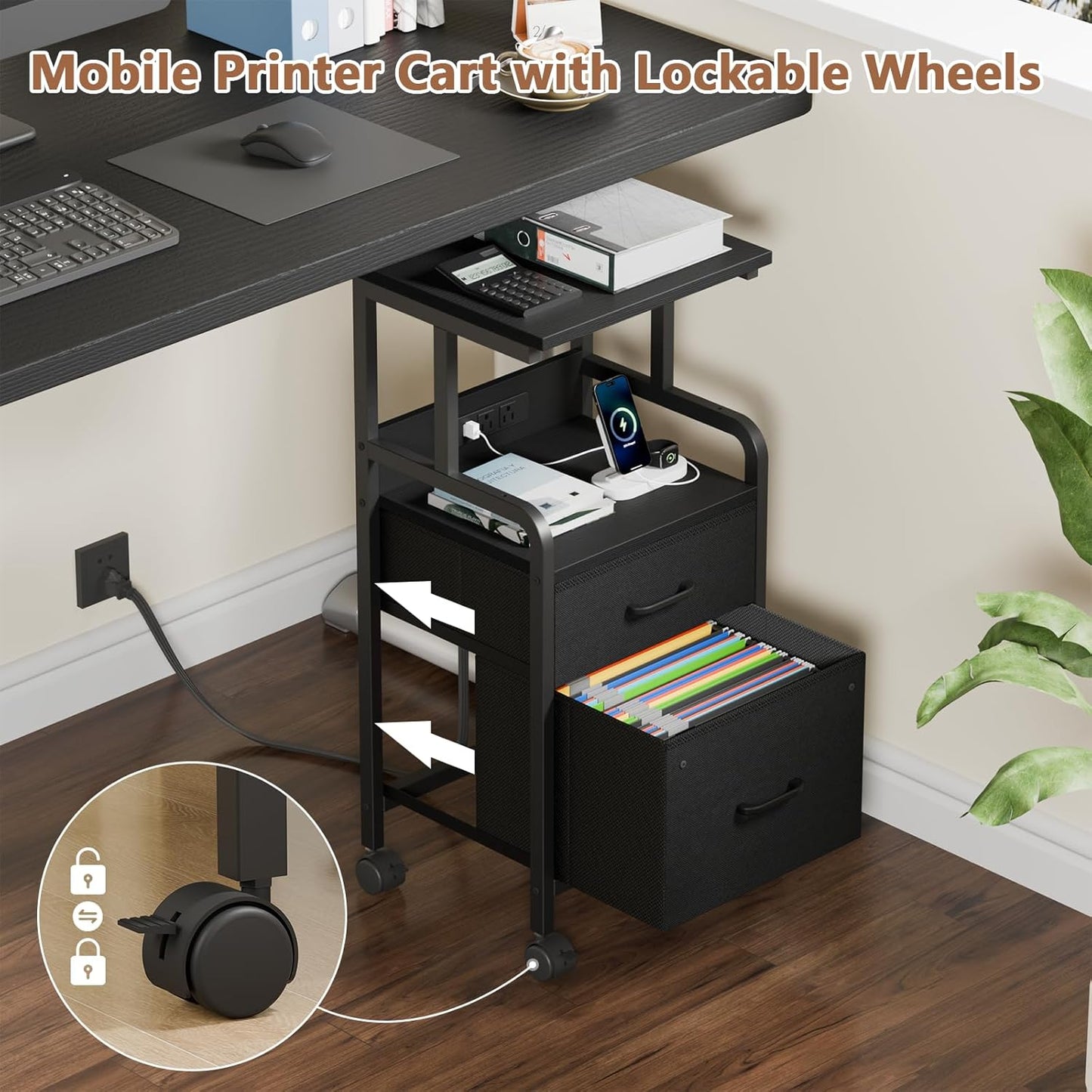 4-Tier Rolling Printer Stand with Power Outlets - Mobile Cart with 2 Drawers & Wheels for Office Use