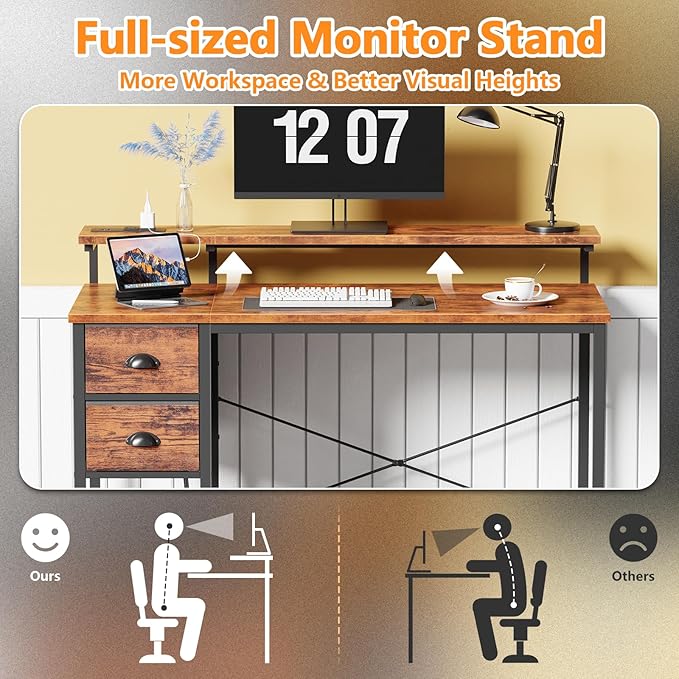 Gaming Desk with Power Outlets & LED Lights - 2 Drawers, Reversible, Full Monitor Stand