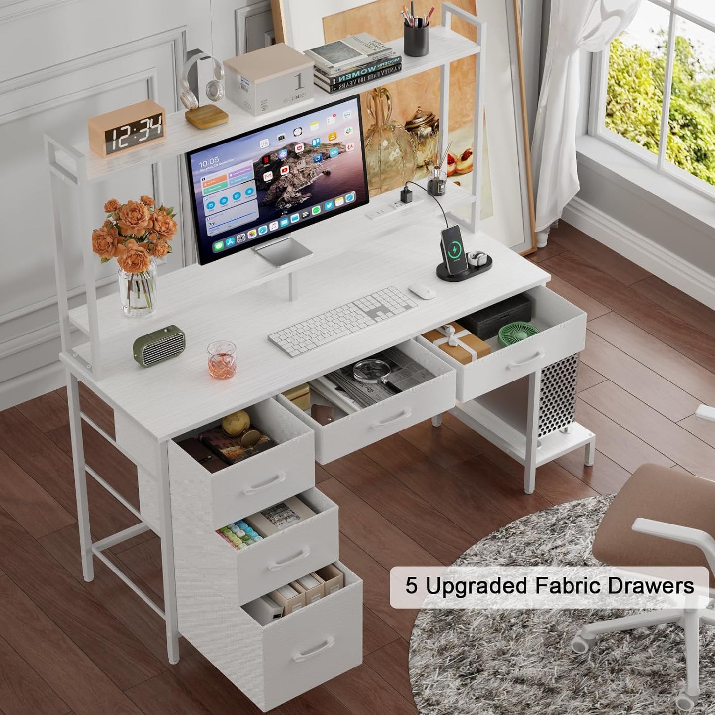 47" Modern Gaming Desk with Hutch - Power Outlets, LED Lights & 5 Drawers | 2-Tier Display Shelves for Home Office & Bedroom