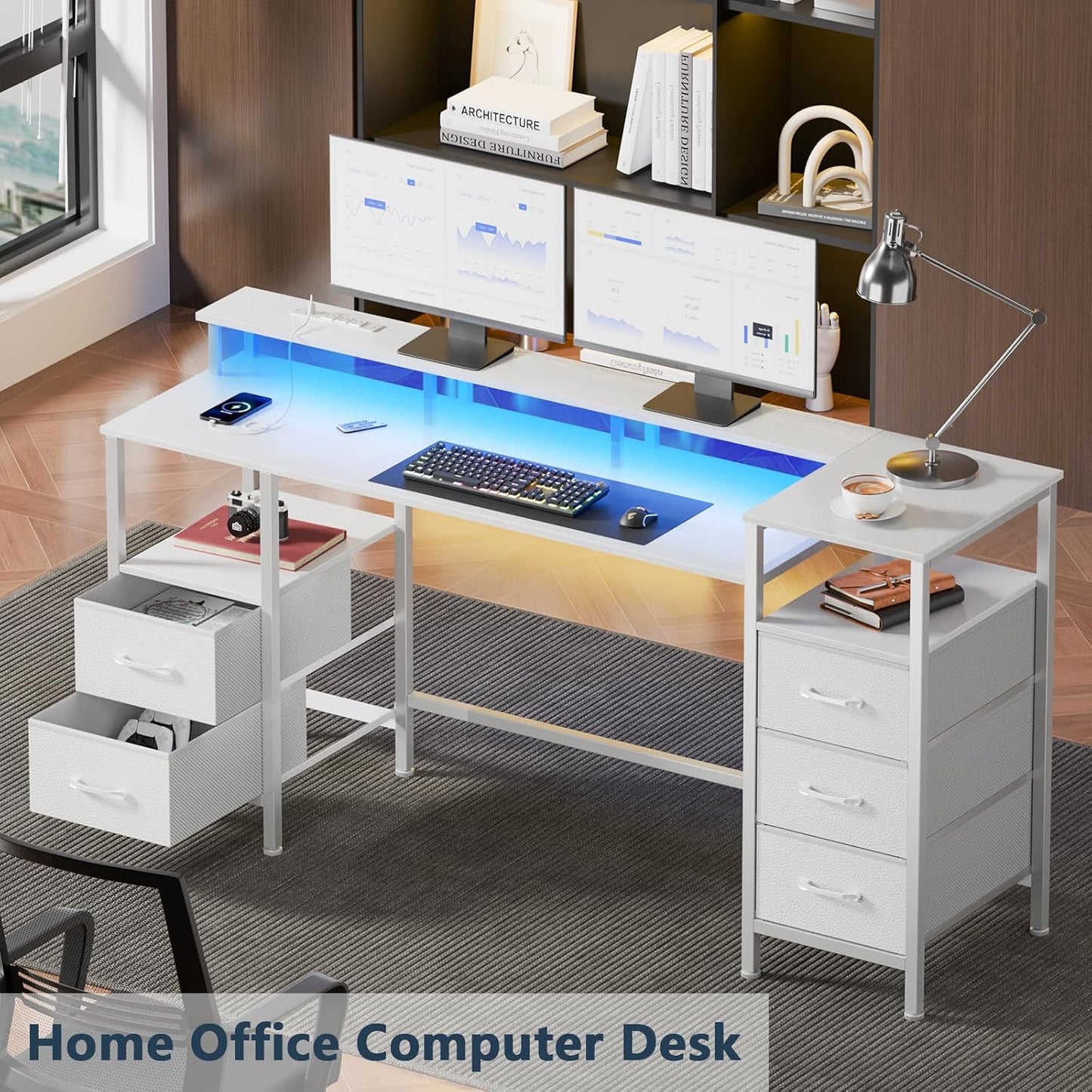 55" Gaming Desk Power Outlets & LED Lights - Reversible Office Desk with Fabric Drawers