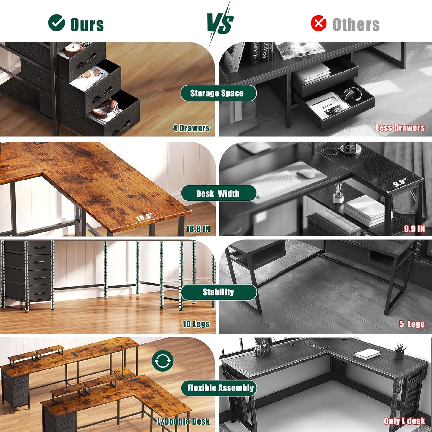 66" L Shaped Desk with Power Outlets - 4 Drawers, 2 Monitor Stands | Office & Gaming for 2