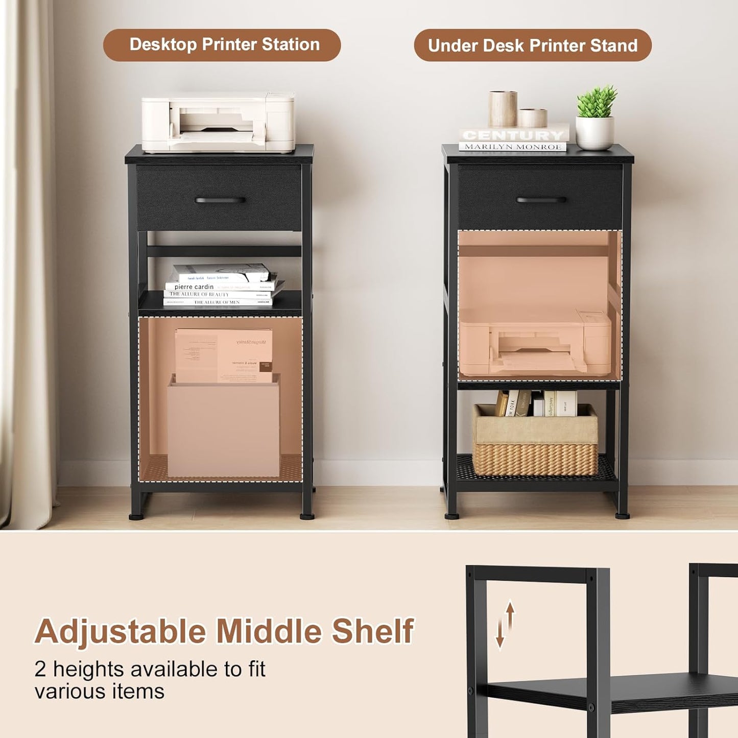 3-Tier Rolling Printer Stand with Storage & Wheels - Under Desk Mobile Cart for Home Office