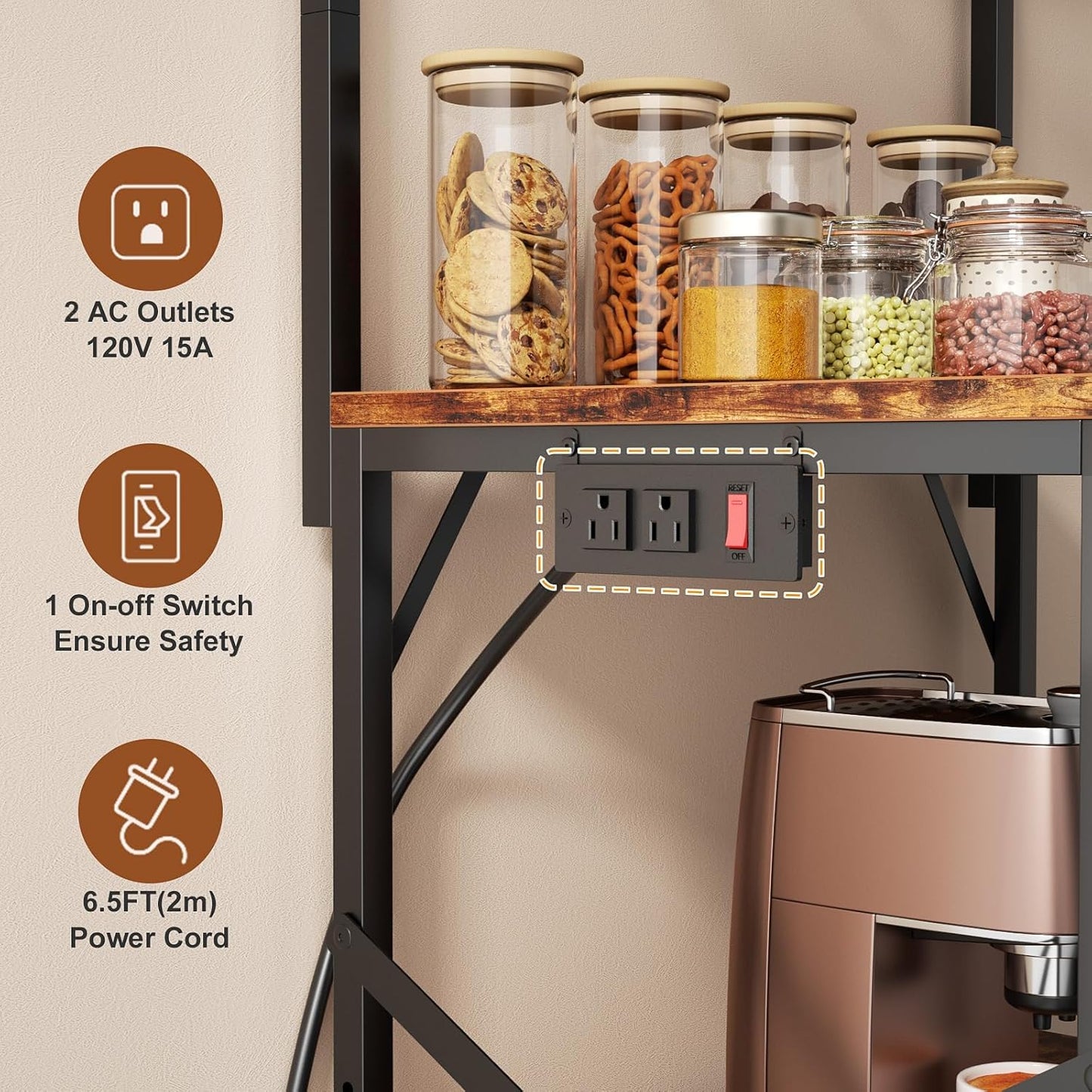 4-Tier Kitchen Rack with Power Outlet - Microwave Stand, 8 Hooks for Spices & Coffee Station